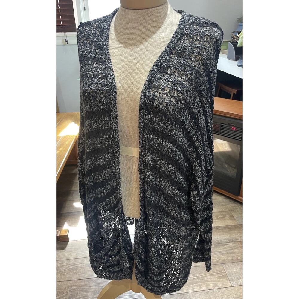 Free People Black Gray Open Knit Slouchy Cardigan L Oversized Boho Whimsigoth
